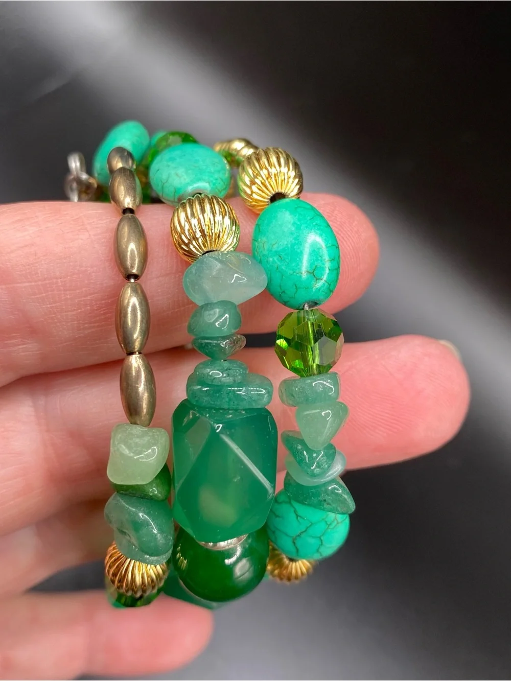 Boho multi strand Green Gold tone & wood Beaded Stretch Bracelet